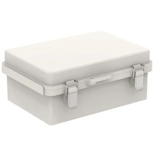 Weiße Box mit einem stabilen Deckel und zwei silbernen Verschlüssen, möglicherweise für das Seifensystem von Ideal Standard.